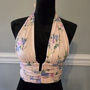 Zara Floral Ruched Halter Top Pink Size Large